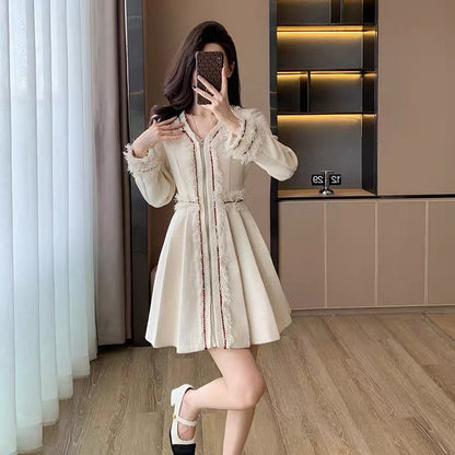 French fashion lady's small fragrant style tweed dress for women autumn new light luxury and foreign style age-reducing pleated skirt