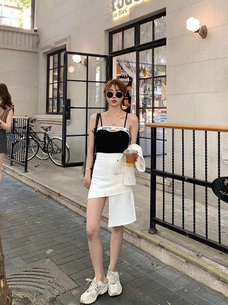 Mr. Zhang's plus size women's clothing contrasting color flesh-covering camisole fat sister mm slimming plus size top trendy sweet style (T143)