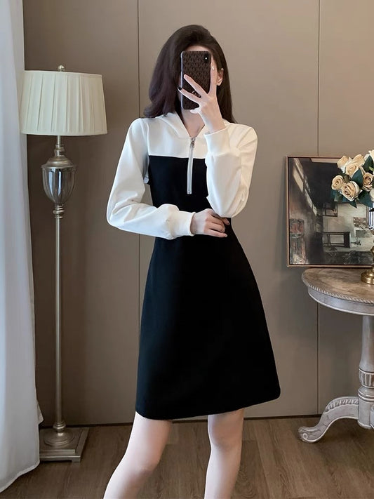 Fashionable, casual and western style contrasting color splicing dress 2023 autumn and winter women's waist slimming skirt high-end D6690