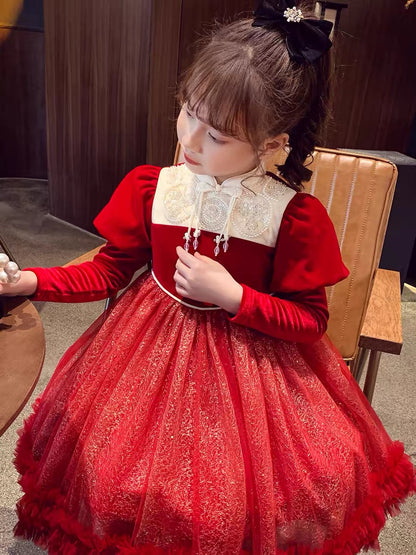 Girls Princess Dress Winter Clothes 2023 New Girls Chinese Style Velvet New Year Skirt Children's Velvet Mesh Dress