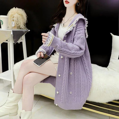 Sweater knitted cardigan coat for women autumn and winter thickened 2023 new loose lazy printed western style long-sleeved top for women