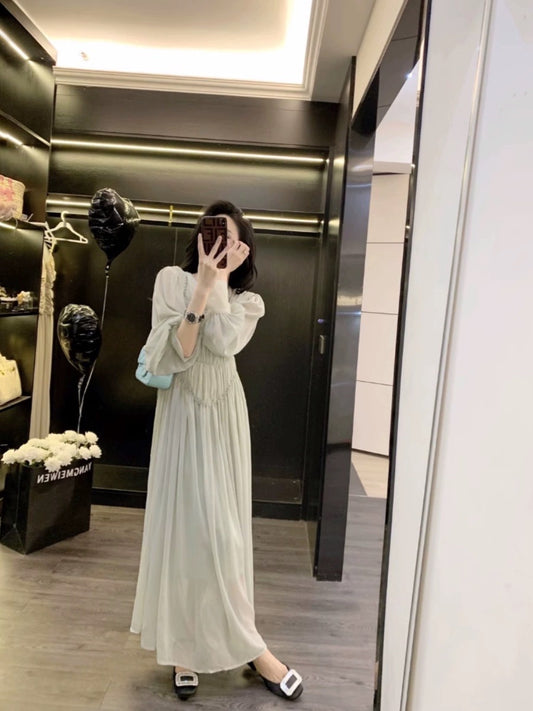 Leathercat dress women's summer 2023 new tea break French temperament waist long-sleeved skirt long skirt