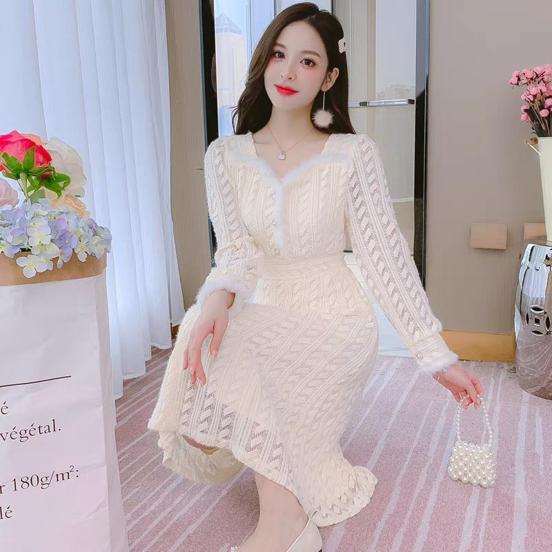 Lolita winter velvet thickened lace skirt women's autumn and winter 2023 new temperament slimming bottoming skirt