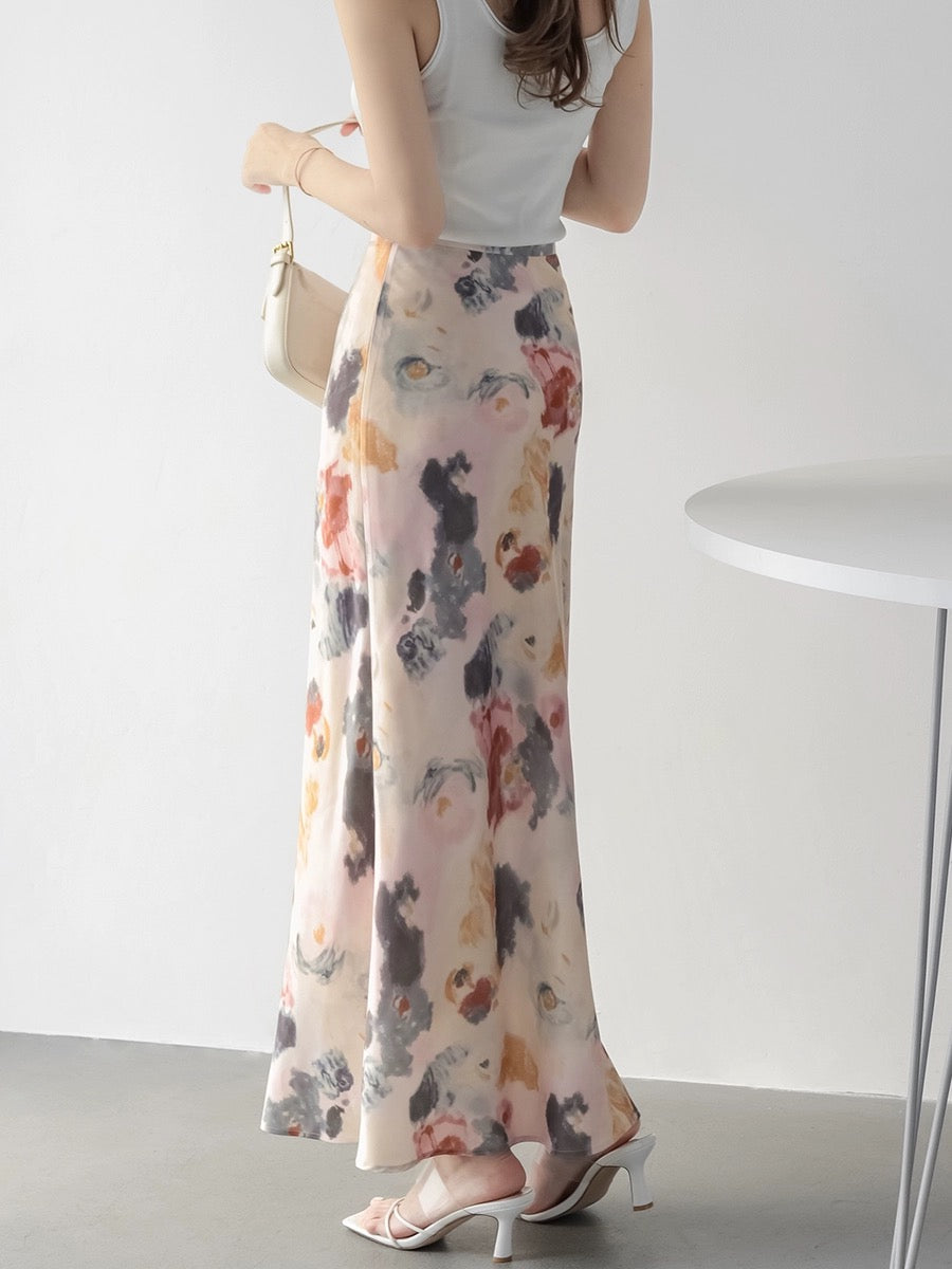 MZOMXO elegant fishtail heavyweight crepe de chine printed mid-length high waist hip-covering skirt for women