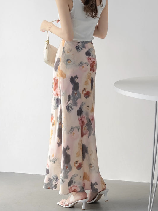 MZOMXO elegant fishtail heavyweight crepe de chine printed mid-length high waist hip-covering skirt for women