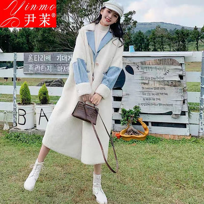 Fashionable denim splicing fur one-piece lamb wool coat for women 2023 winter new loose over-the-knee thickened cotton coat