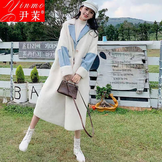 Fashionable denim splicing fur one-piece lamb wool coat for women 2023 winter new loose over-the-knee thickened cotton coat