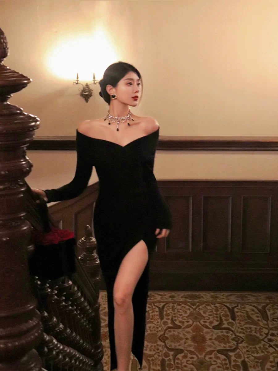Thirteen and Little Black Knitted Dress Women's Autumn and Winter One Shoulder Slit Slim Fit French Long Dress