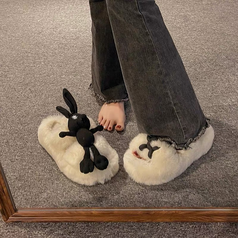 Internet celebrity Korean version of cute rabbit fur shoes for women's outerwear 2023 autumn and winter new thick-soled one-word plush cotton slippers (S0711)