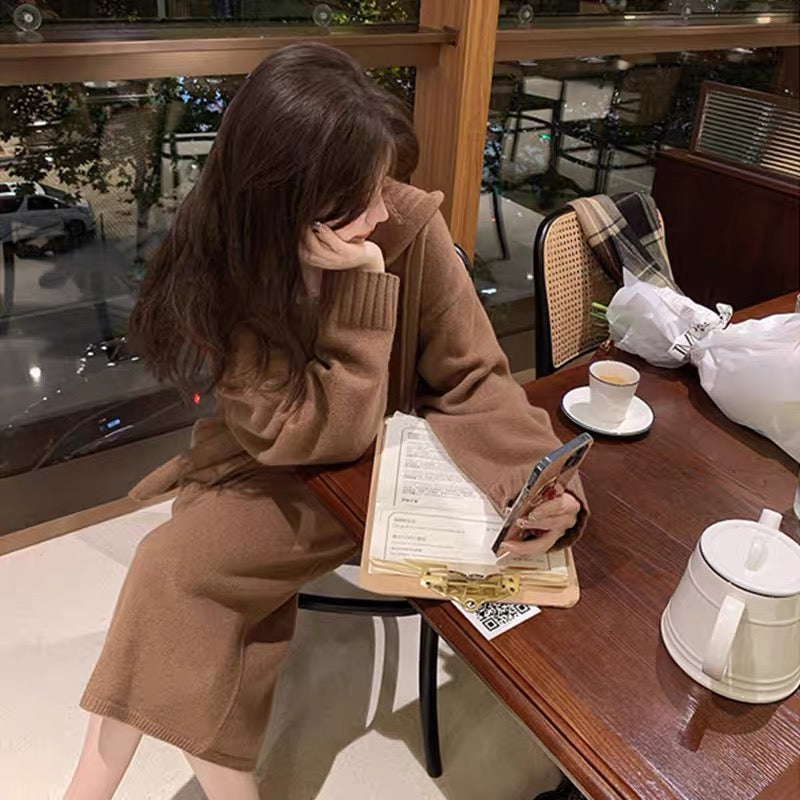 Autumn clothing 2023 new two-piece suit French style high-end hooded knitted dress for women autumn and winter