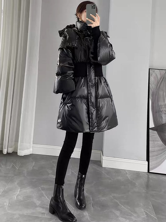 Black glossy down jacket for women 2023 new winter Korean style slimming women's mid-length thickened jacket