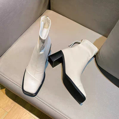 Uncle MJ square toe back zipper design, thin, versatile and easy to wear chunky heel ankle boots