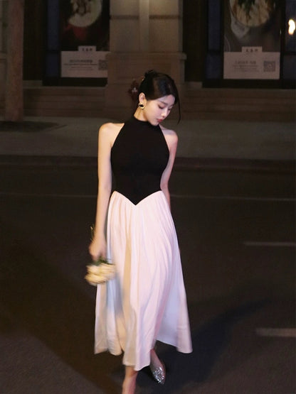Thirteen and Little French Dress Women's Summer Black and White Contrast Color Stitching Stand Collar Sleeveless High-end Temperament Long Dress