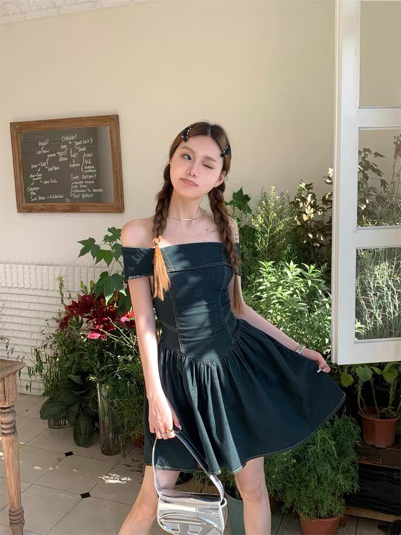 one shoulder denim dress Sweet cool hot girl one-shoulder denim dress women's summer collarbone – Lee Nhi Boutique
