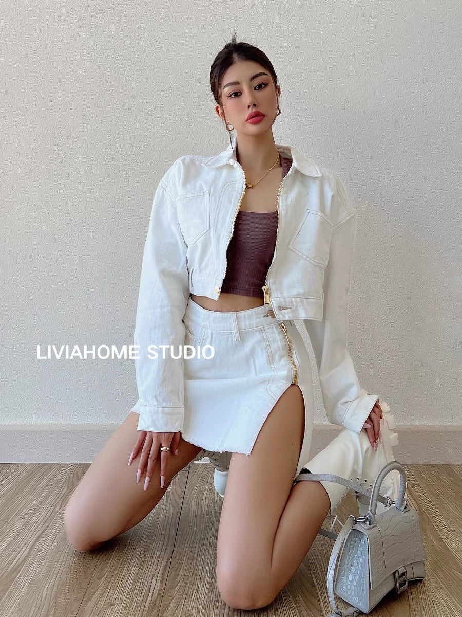 liviahome European and American ins retro zipper denim suit loose and versatile short coat high waist slit skirt autumn (S195)