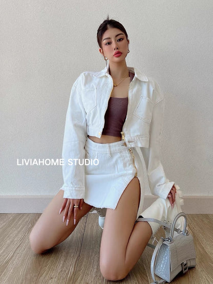 liviahome European and American ins retro zipper denim suit loose and versatile short coat high waist slit skirt autumn (S195)