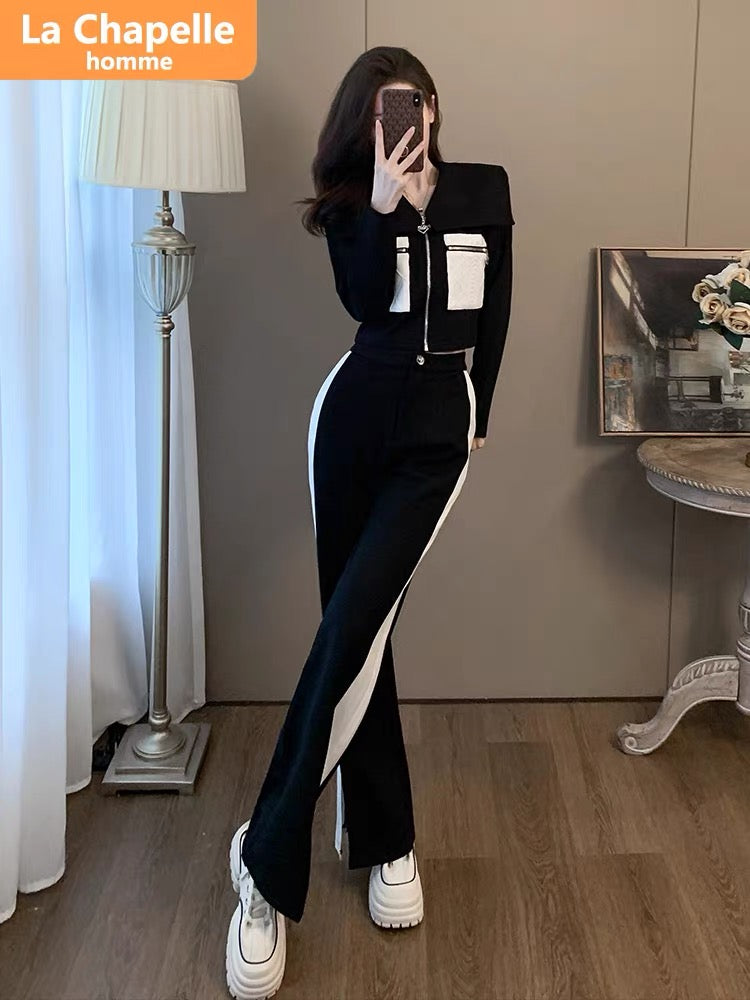 La Chapelle Xiaoxiangfeng casual sports suit for women autumn 2023 new temperament cardigan wide-leg pants two-piece set
