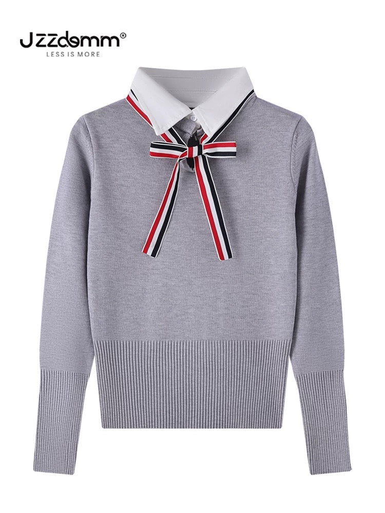 Jiuzhou Chengpin/JZZDEMM three-color bow lapel fake two-piece pullover female Korean style waist slim fit top