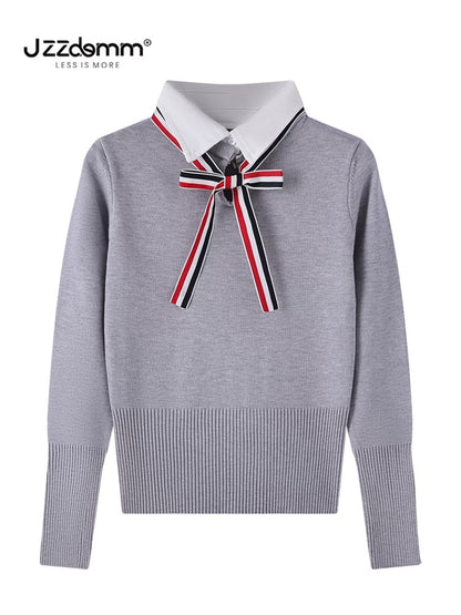 Jiuzhou Chengpin/JZZDEMM three-color bow lapel fake two-piece pullover female Korean style waist slim fit top