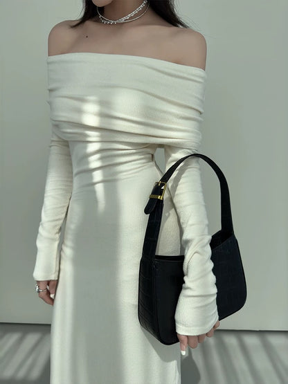 Spring, Autumn, and Winter French Queen's Tubeless One-shoulder Dress with Straps, Off-the-shoulder, Tight Fishtail, Slim-fitting Hip Skirt