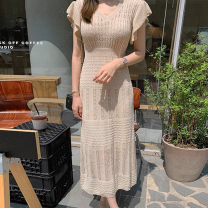 Korean chic elegant V-neck slim fit flying sleeve dress + square neck inner bottoming sleeveless suspender skirt for women