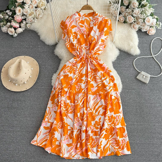 High-grade light luxury temperament flying sleeves V-neck waist slimming A-line ruffled print dress elegant long skirt