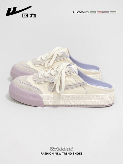 Pull back slip-on canvas shoes for women 2024 spring new versatile lazy toe half slippers breathable casual sneakers