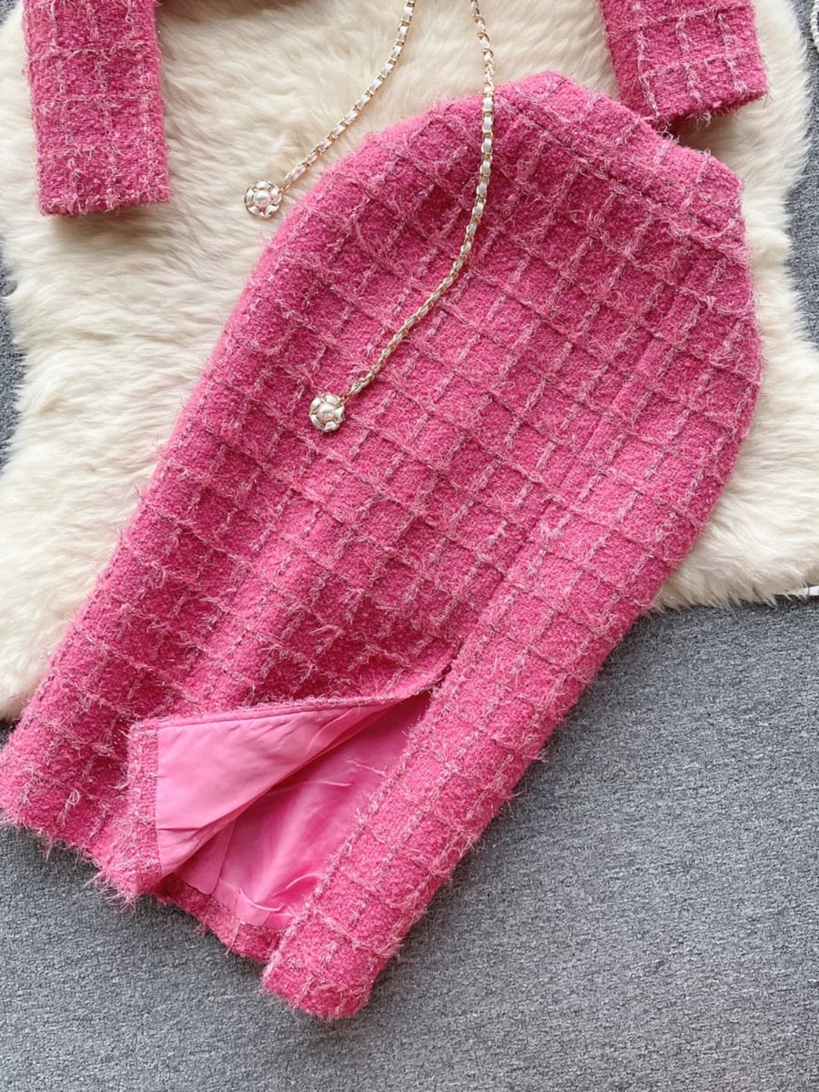 Madeleine style light luxury high-end suit for women winter woolen cardigan jacket + slit mid-length skirt