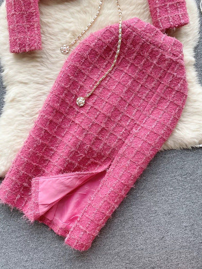 Madeleine style light luxury high-end suit for women winter woolen cardigan jacket + slit mid-length skirt