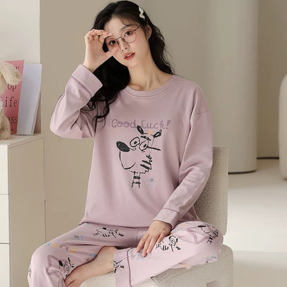 Pajamas for women Spring and Autumn 2024 new long-sleeved cotton large size summer cute autumn and winter home clothes suit