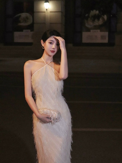 Thirteen and Little Halter Neck Dress Female Summer Tassel Niche Sexy Slim Temperament Ladies Dress Skirt