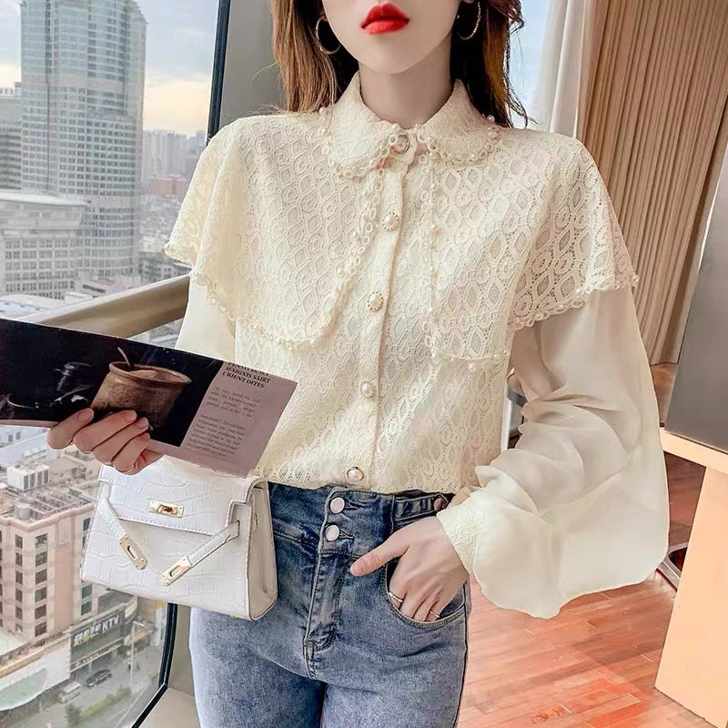 2023 Autumn New Fashionable Ruffled Chiffon Shirt Versatile Women's Loose Western Style Beaded Shawl Shirt Top (B2314)