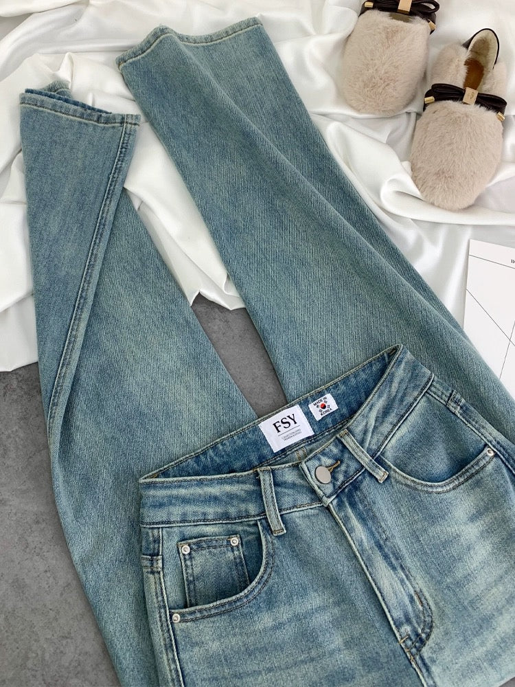 2024 spring new style high-waisted slimming loose light-colored straight pants embroidered letters narrow stretch jeans for women
