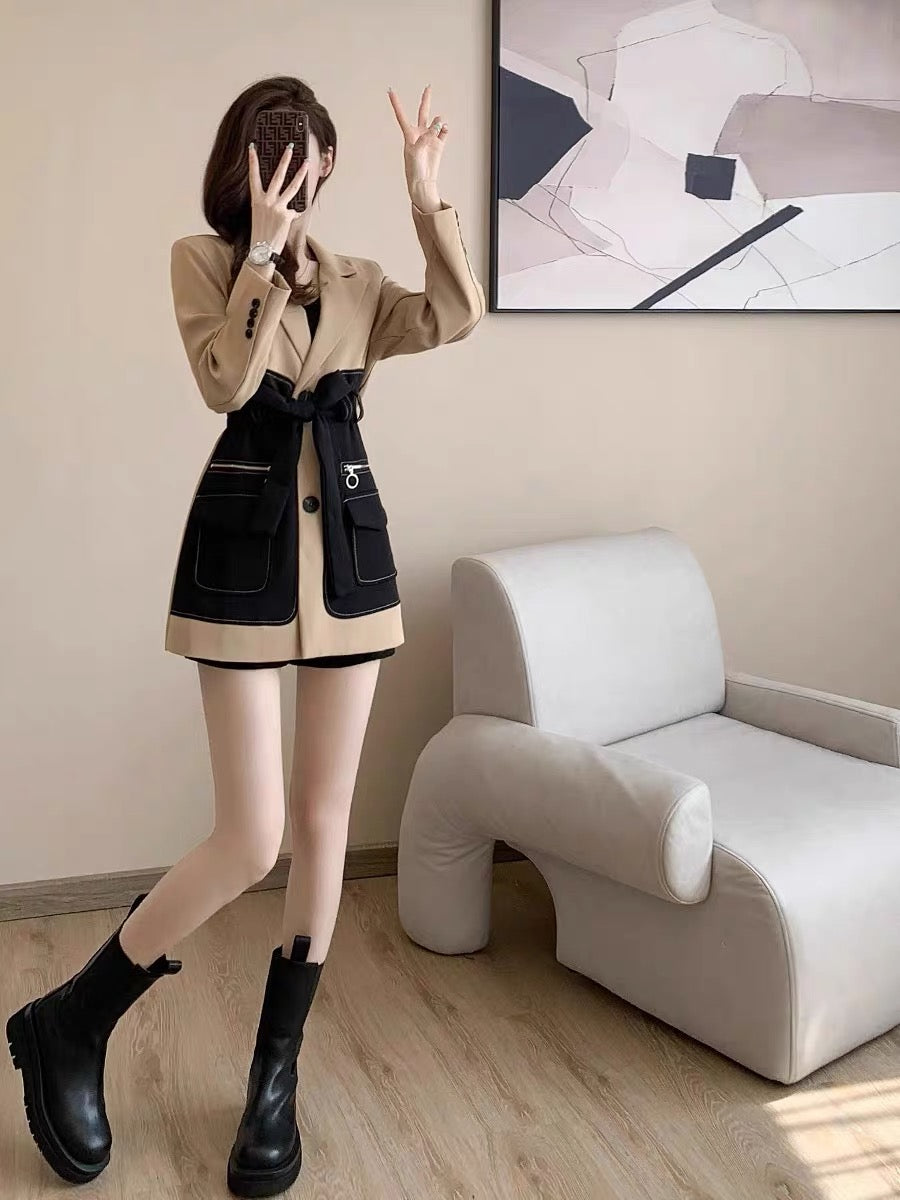 Spring 2023 new style French waist slimming high-end Hepburn style small temperament black suit dress (V7718)