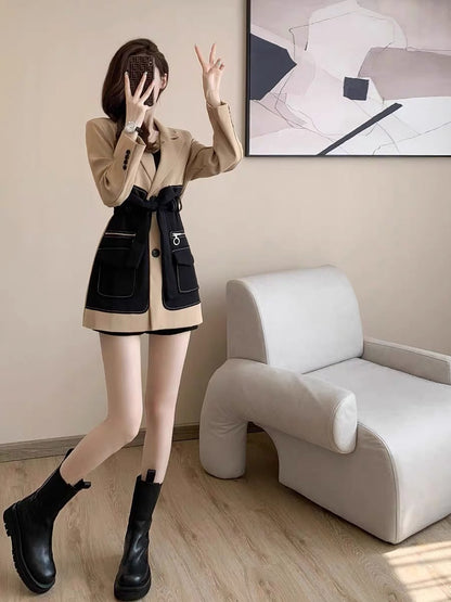 Spring 2023 new style French waist slimming high-end Hepburn style small temperament black suit dress (V7718)