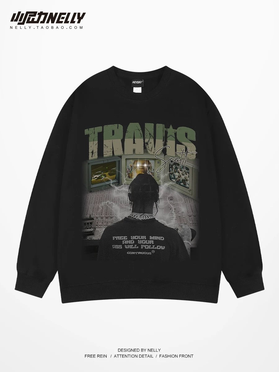 American heavy black pullover sweatshirt for men in spring and autumn trendy brand hoodless round neck European and American hiphop couple thick coat