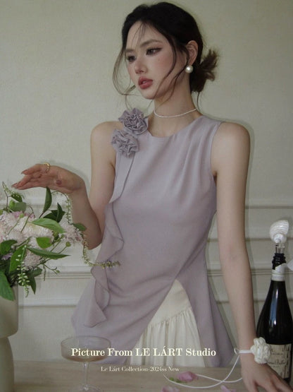 LELART summer new French temperament elegant little woman flower ribbon slim vest top slit small shirt