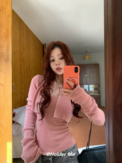 HOLDER 2026 Autumn/Winter Korean-Style Two-Piece Knitted Set: Waffle-Texture Long-Sleeve Cardigan with a Chic, Innocent-Yet-Alluring Camisole