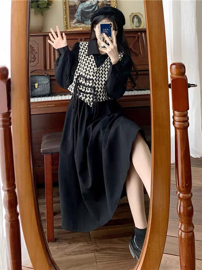 Plus size college small fragrance style two-piece suit dress autumn new style plate buckle houndstooth vest slimming long skirt (S0979)