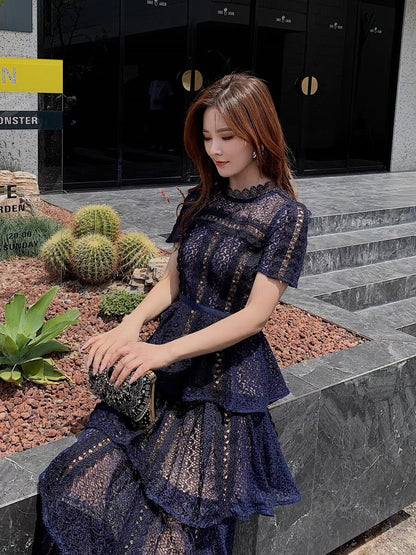 Cake long skirt for women 2023 new summer dress British style exquisite lace navy blue short-sleeved dress evening dress (D164)