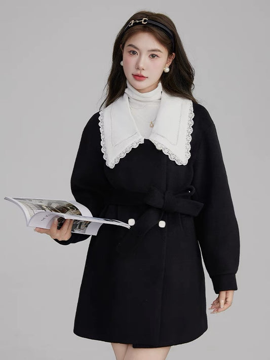 Volstagg French black Hepburn style woolen coat for women autumn and winter doll collar woolen coat dress