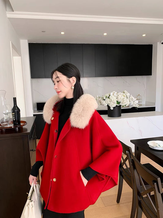 WJJ witch cloak style all wool double-sided woolen coat women's hooded detachable fox fur collar loose autumn and winter