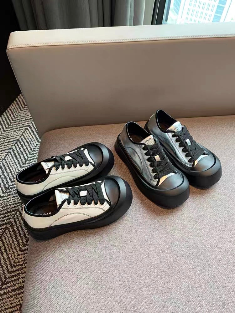 Casual shoes women's 2023 autumn new Korean style fashion lace-up leather color matching thick-soled low-cut sneakers women's shoes