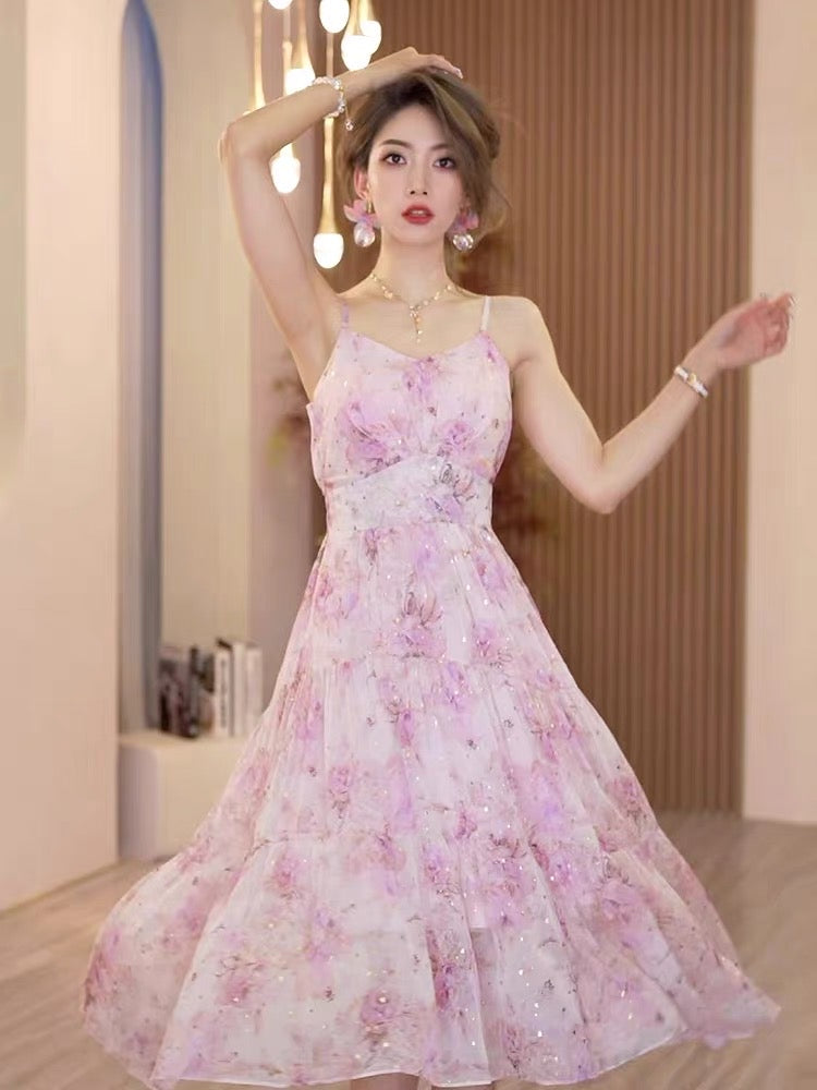 Celebrity suspender skirt female floral dress 2023 new summer high-end temperament light and familiar wind over-the-knee beautiful long skirt