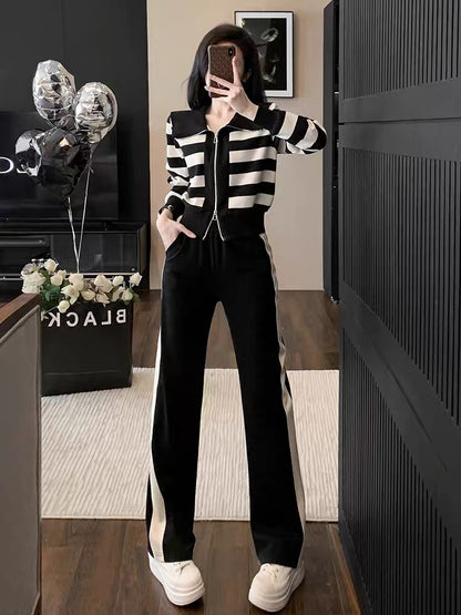 Sports and leisure suits for women, new fashionable autumn clothes, slimming and age-reducing striped sweatshirts, wide-leg pants, two-piece trendy set (V6617)