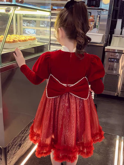 Girls Princess Dress Winter Clothes 2023 New Girls Chinese Style Velvet New Year Skirt Children's Velvet Mesh Dress
