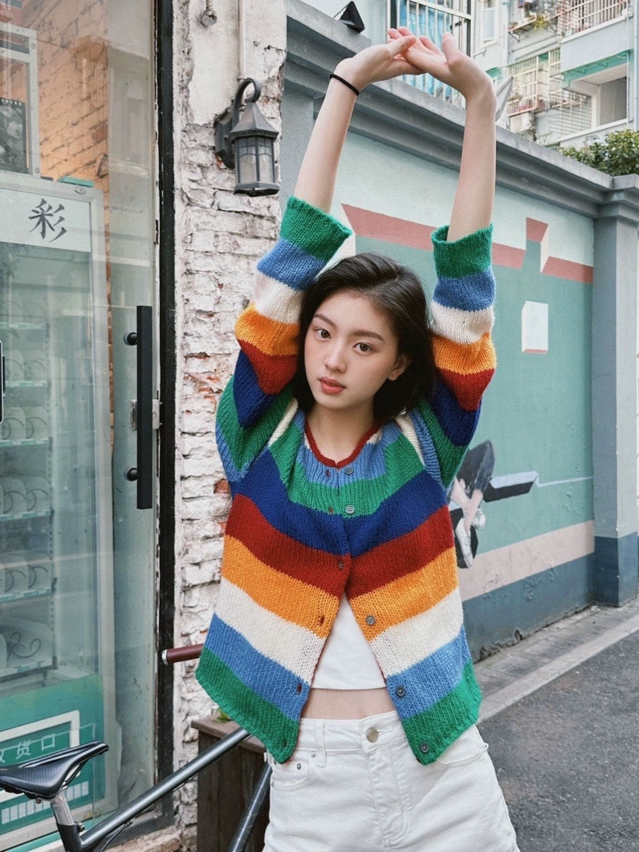 Dopamine color contrast rainbow striped knitted cardigan sweet slim sweater short coat early autumn new women's clothing