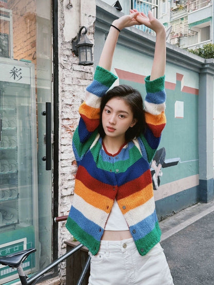 Dopamine color contrast rainbow striped knitted cardigan sweet slim sweater short coat early autumn new women's clothing