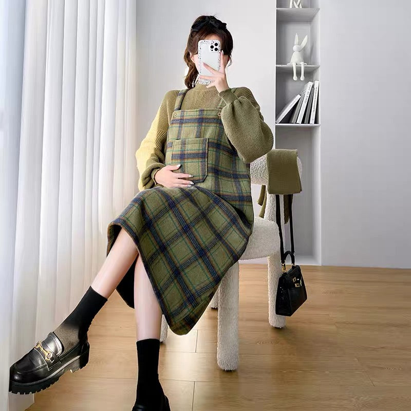 Maternity suit autumn and winter suspender skirt women's outerwear two-piece set bottoming shirt sweater winter plaid woolen dress