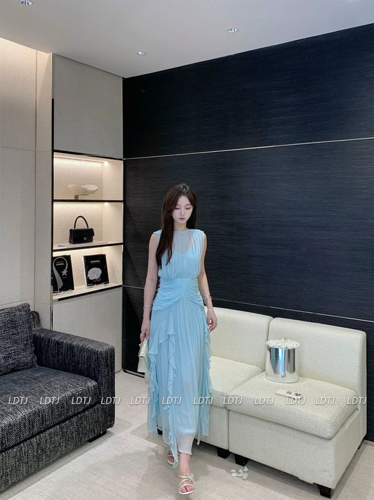 LDTJ Haute Couture 23 Autumn and Winter New Elegant Fairy Sleeveless Vacation Pleated Waist Tencel Broken Print Dress
